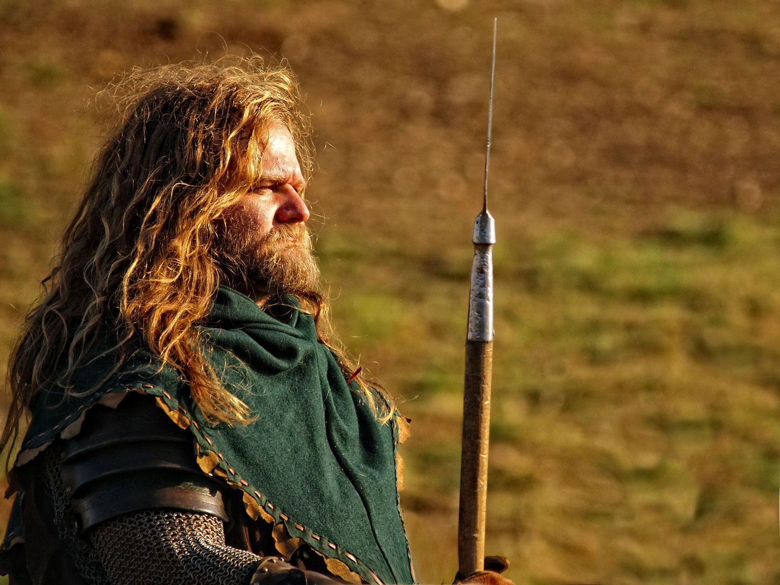 Historical reenactor in warm evening light